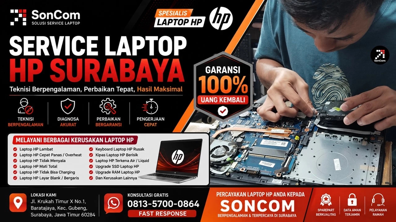 Teknisi SONCOM melakukan service laptop hp di surabaya